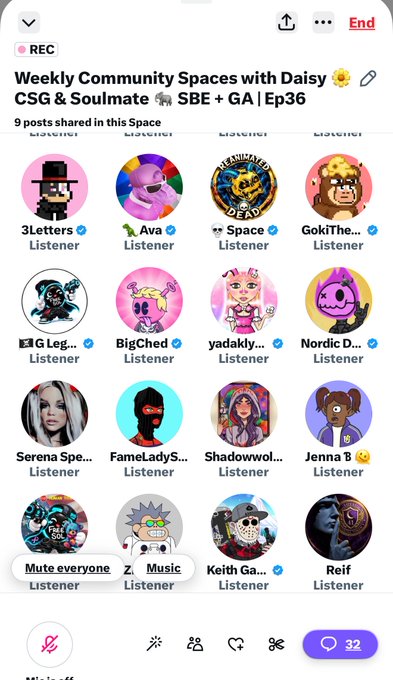 A mobile livestream screen shows “Weekly Community Spaces with Daisy 🌼 CSG & Soulmate 🐂 SBE + GA | Ep36,” with “9 posts shared in this Space,” a grid of listener avatars, a “Mute everyone” button, and a viewer count of 32.