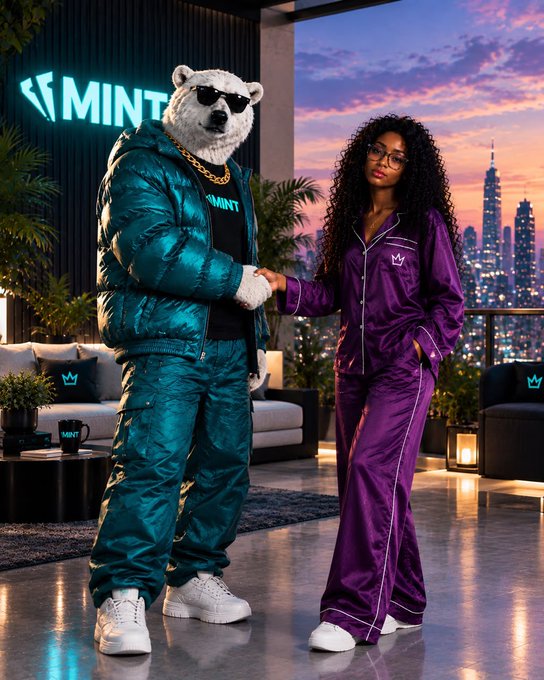 Two figures in stylized streetwear—a polar bear character in a teal puffer outfit with sunglasses and gold chains, and a woman in a purple satin tracksuit—stand in a modern penthouse overlooking a city skyline at sunset, both wearing 'MINT' branded apparel.