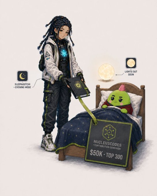 An illustration of a braided-haired character in a white jacket standing beside a bed where a green blob-like character sleeps, labeled 'NUCLEUS CODES CONTRIBUTION CAMPAIGN $50K TOP 300' with 'SLEEPAGOTCHI' and 'LIGHTS OUT SOON' notes.