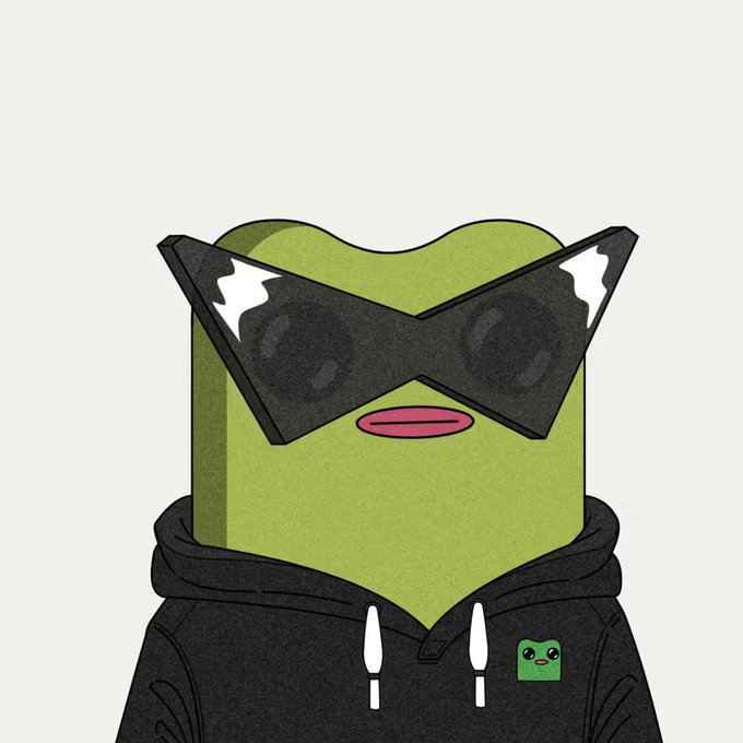 The image features a cartoon frog wearing sunglasses and a hoodie, with a green face and white eyes. The frog appears to be smiling at the camera. The caption below the image reads "Shoutout to my buddy @godmodexyz He onboarded me on @itsafwog @Groowut nailed it with this Art. I am absolutely stoked for that, huge fan of dope Art & community is amazing. Devs always delivering & building."