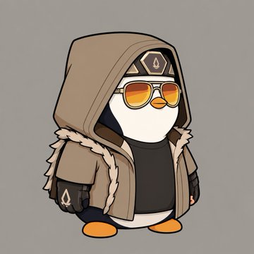 A cartoon penguin character wearing a hooded jacket, sunglasses, and a headband with a symbol on it, standing against a gray background.