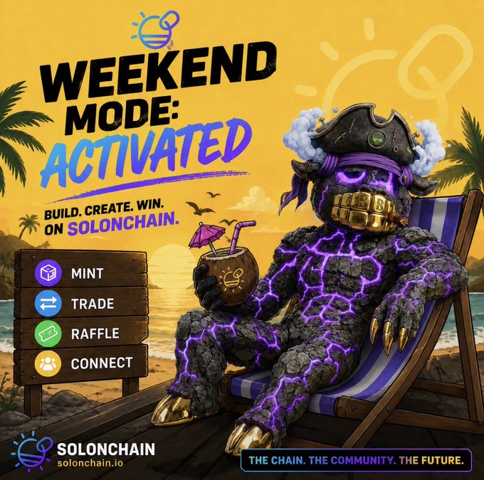 A promotional graphic featuring a pirate-themed character in a beach chair with text 'WEEKEND MODE: ACTIVATED', 'BUILD. CREATE. WIN. ON SOLONCHAIN.', and buttons for MINT, TRADE, RAFFLE, CONNECT, branded as 'SOLONCHAIN solonchain.io' with tagline 'THE CHAIN. THE COMMUNITY. THE FUTURE.'