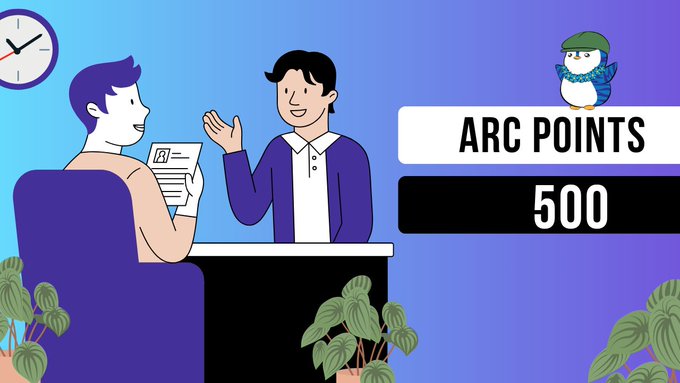 An animated graphic shows two men having a conversation at a desk, with text displaying "ARC POINTS 500" alongside a penguin mascot.