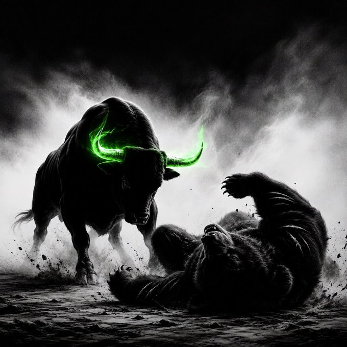 A black bull with vibrant green horns dominates a defeated bear on the dusty ground, symbolizing bullish market momentum overpowering bearish sentiment. The green-horned bull represents the bullish strength behind "$ANSEM," while the toppled bear embodies the "bears getting rekt."