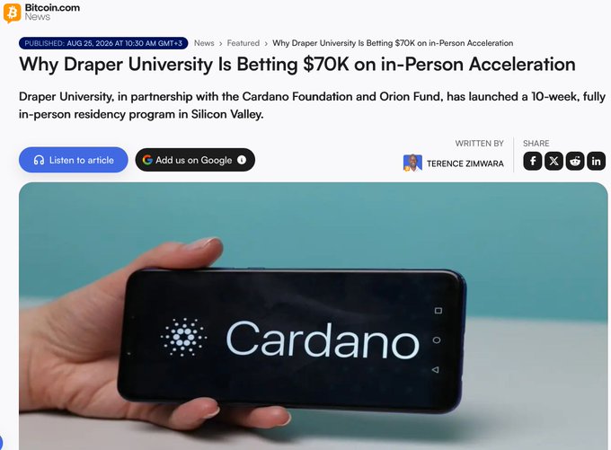 A Bitcoin.com News article titled 'Why Draper University Is Betting $70K on In-Person Acceleration' dated Aug 25, 2026, featuring an image of a smartphone displaying the Cardano logo.