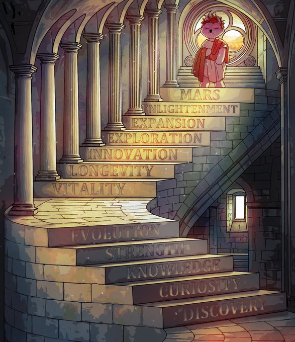 The image features a cartoon illustration of a staircase with each step labeled with different words, such as "evolution", "strength", "curiosity", and "discoverer". The stairs are made of stone or brick, giving them an old-fashioned appearance. A small stuffed animal is also present in the scene, located near the top right corner of the image. The caption at the bottom of the image reads: "You can still level up when the market is down".