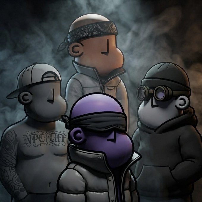 Four stylized cartoon characters with simplified facial features stand together in a smoky, atmospheric setting, with the text "NPC LIFE" tattooed on the left figure's chest, fitting the "NPC @npconchain" branding.