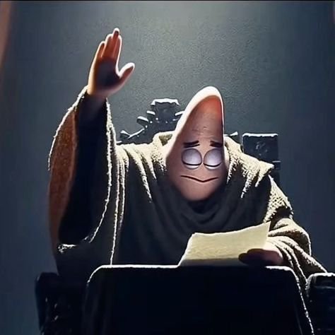 A humorous edited image of a tired-looking cartoon character in a robe standing at a lectern, raising one hand.