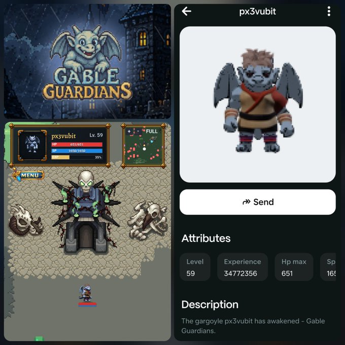 A mobile game screenshot showing 'Gable Guardians' with the title screen featuring a gargoyle, alongside a character profile for 'px3vubit' (Level 59) showing stats like 651 HP and a pixel art gargoyle character.