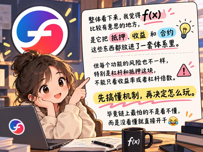 An anime-style illustration depicts a girl pointing at a text panel in Chinese discussing leveraged positions (抵押), returns (收益), and contracts (合约) related to the f(x) Protocol, which is represented by the red, white, and blue circular logo.