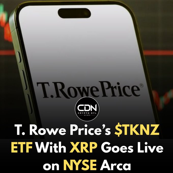 A Crypto Dyl News graphic showing a smartphone with the T. Rowe Price logo, announcing 'T. Rowe Price's $TKNZ ETF With XRP Goes Live on NYSE Arca'.
