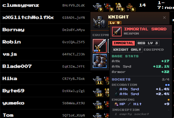 A screenshot of a mobile RPG inventory screen highlights a level 9 Knight's "IMMORTAL SWORD" with +17 Atk, +12.1% Atk Spd, and +52 Armor, emphasizing its powerful stats in line with the "FULL SEND" mentality of going all-in on top-tier gear. The list of player usernames on the left underscores the competitive multiplayer context.