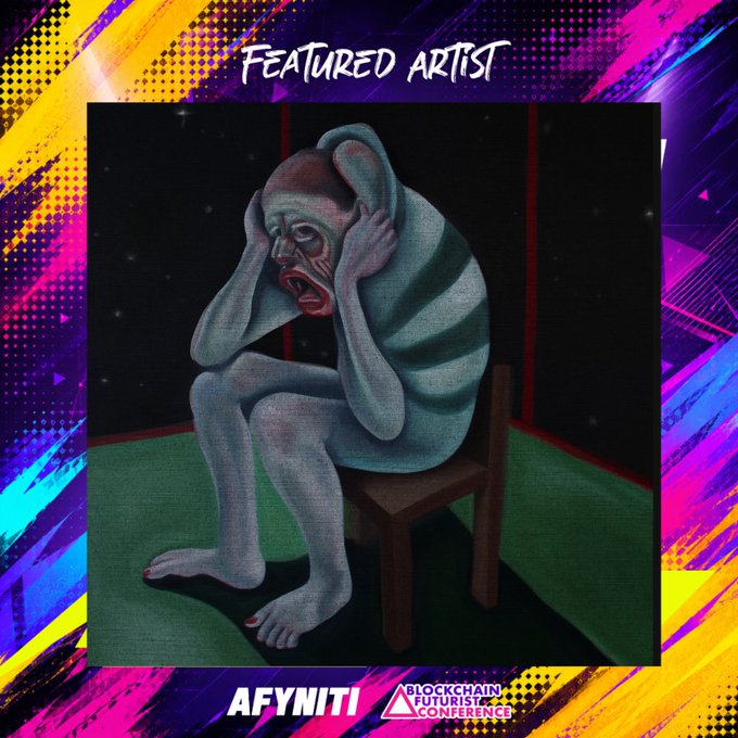 We need to write a concise 1-2 sentence caption describing the image, include key text, numbers, tickers, names visible. Also note how image relates to the post.

Image: central artwork of a distressed figure (blueish, striped, covering ears, mouth open). Text at top: "FEATURED ARTIST". Bottom: "AFYNITI" and "BLOCKCHAIN FUTURIST CONFERENCE" logo. The post says proud to be Featured Artist at Futurist_conf and featured on Afyniti, support work by visiting Afyniti, completing quests, discovering collection, start here link.

So caption: "Featured Artist showcases a haunting, blue‑skinned figure clutching its ears on a chair, displayed under the 'FEATURED ARTIST' banner for the Blockchain Futurist Conference on Afyniti." That's 1 sentence? Actually that's one sentence. Could add