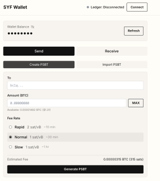 A user interface for a 'SYF Wallet' showing fields to send or create PSBT transactions, with options for Rapid, Normal, and Slow fee rates.