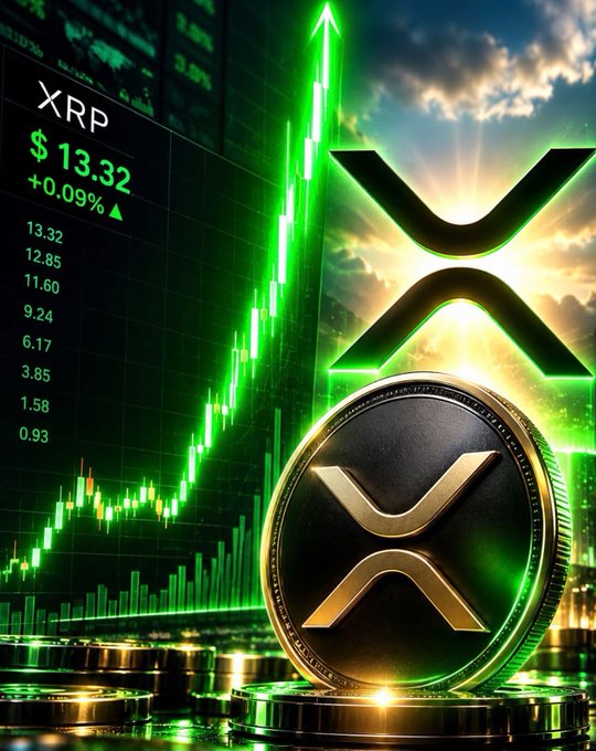 A physical representation of XRP, featuring its "X" logo and a glowing green coin displaying the price "$13.32," set against a bullish candlestick chart—visually reinforcing the post's theme of significant whale accumulation and potential price breakout, though the displayed price differs from the post's $1.50 figure.