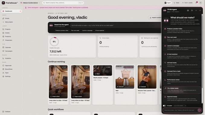 A Frame.io workspace dashboard greets user 'vladic' with metrics showing '7,512 left' credits used and zero active tasks, alongside a list of 'Continue working' video projects.