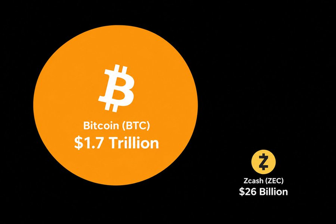 A comparison graphic showing the market capitalization of Bitcoin (BTC) at $1.7 Trillion represented by a large orange circle, dwarfing Zcash (ZEC) at $26 Billion shown as a much smaller yellow circle.