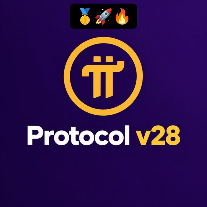 A purple graphic displaying the Pi cryptocurrency logo with the text 'Protocol v28' beneath it, topped with medal, rocket, and fire emojis.