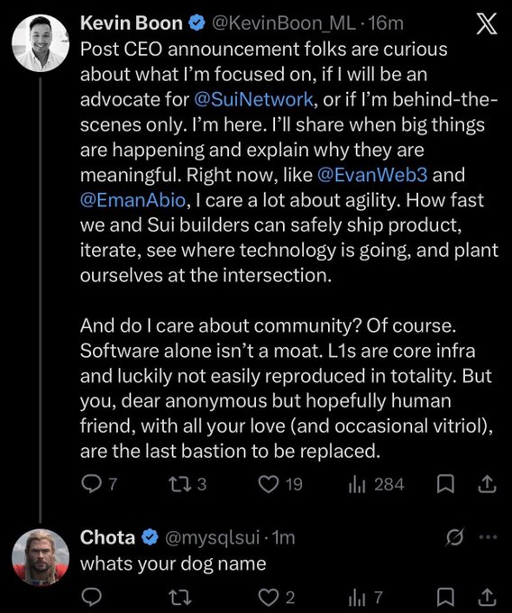 A tweet thread screenshot showing a post by Kevin Boon (@KevinBoon_ML) discussing his role post-CEO announcement and his focus on @SuiNetwork, agility, and community, followed by a reply from @mysqIsui asking 'whats your dog name'.