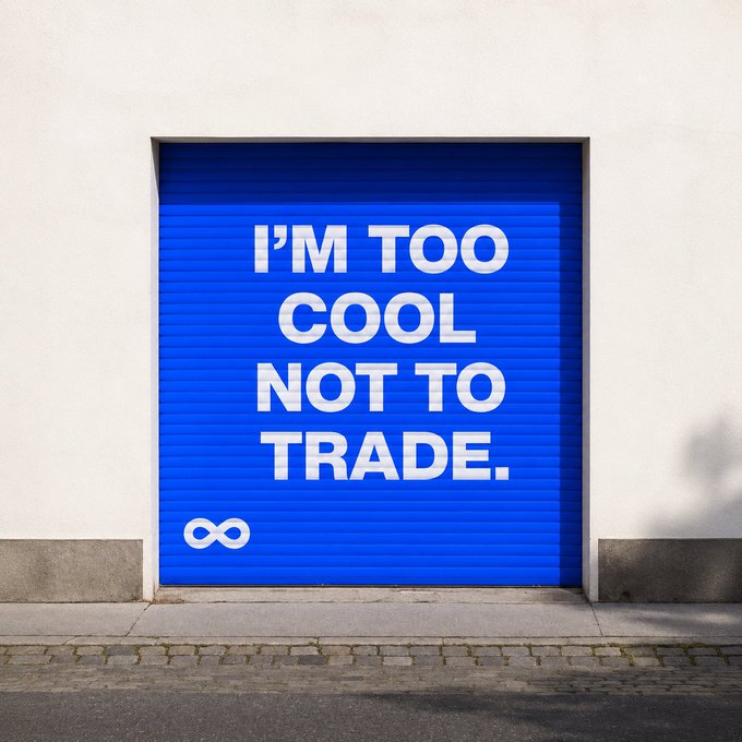 A blue storefront roller door features bold white text reading "I'M TOO COOL NOT TO TRADE." alongside an infinity symbol logo. The confident, self-assured message reinforces the post's rallying cry, "GM if you agree," encouraging fellow traders to show their support with a morning greeting.