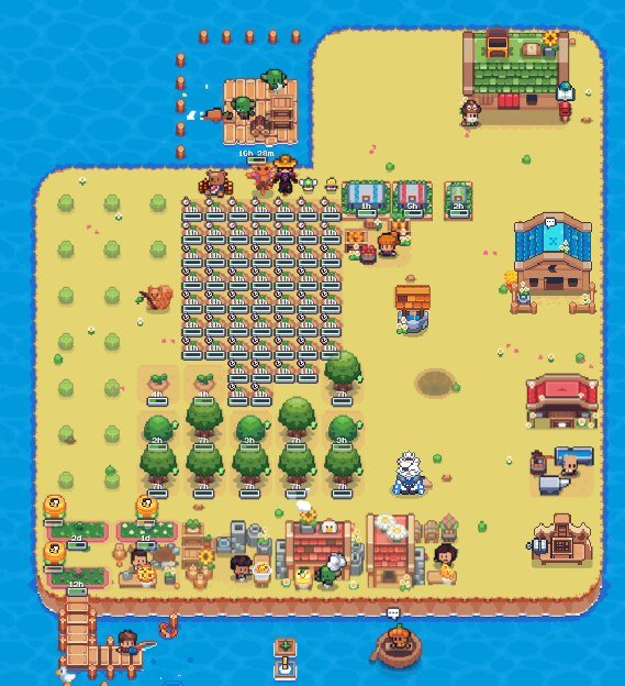 A screenshot of a pixel-art farming/management simulation game featuring rows of crops, trees, various buildings, and multiple characters on a sandy island surrounded by blue water.
