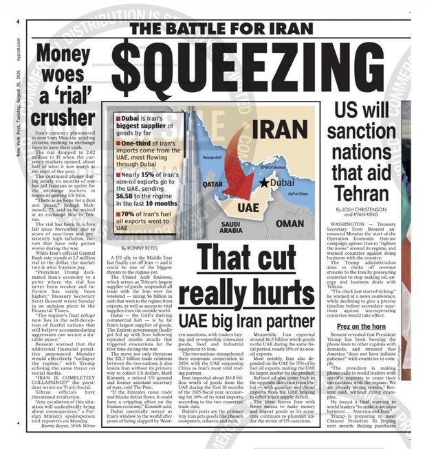 A newspaper article headlined 'THE BATTLE FOR IRAN' with the subheading 'They've got us over a barrel' about Iran's currency crisis, featuring a map of Qatar, Dubai, UAE, Saudi Arabia, and Oman.