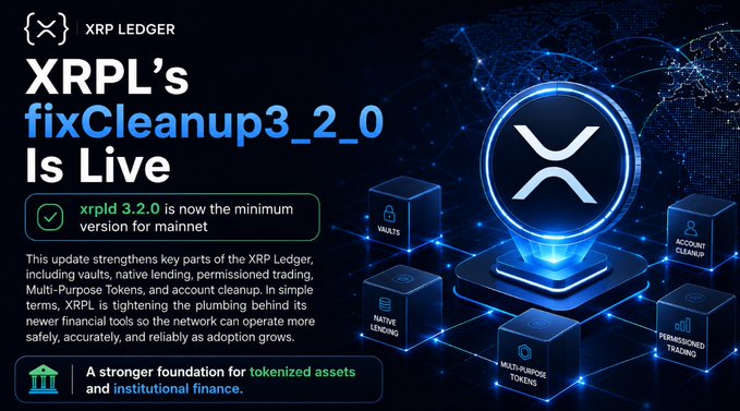 The XRP Ledger's fixCleanupv3.2.0 update is now live, reinforcing foundational elements like vaults, native lending, and account cleanup for next-generation financial tools, as depicted by the XRP logo surrounded by interconnected financial service icons.