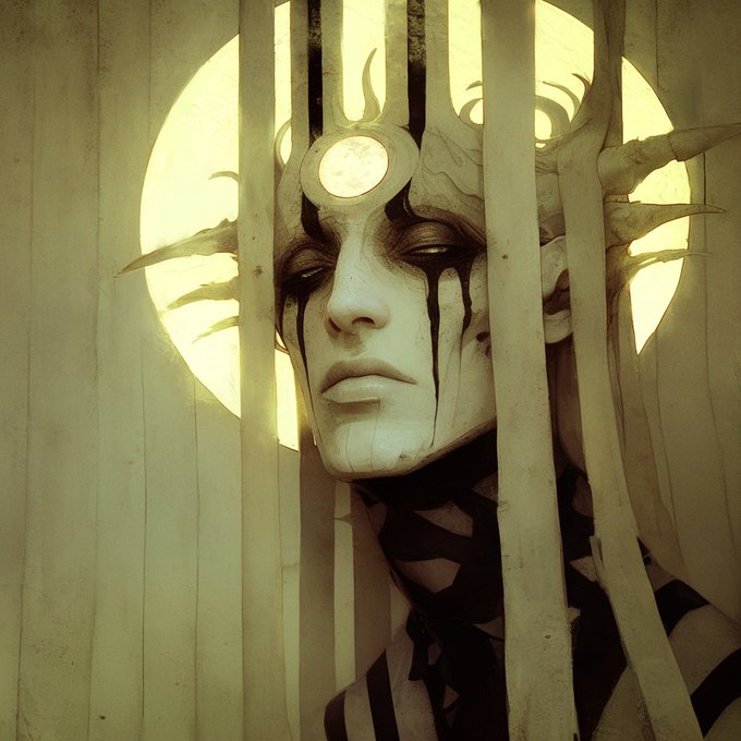 A haunting figure wearing a cracked, mask-like face with black streaks running down from the eyes, surrounded by vertical white bars or ribbons and a glowing halo-like circle behind the head.