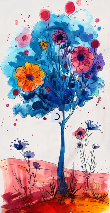 A vibrant watercolor illustration of a stylized blue tree adorned with orange, pink, and red blossoms, set against a dreamy landscape of rolling hills and scattered wildflowers, capturing the whimsical essence of the "Magic Forest" theme highlighted in the post.