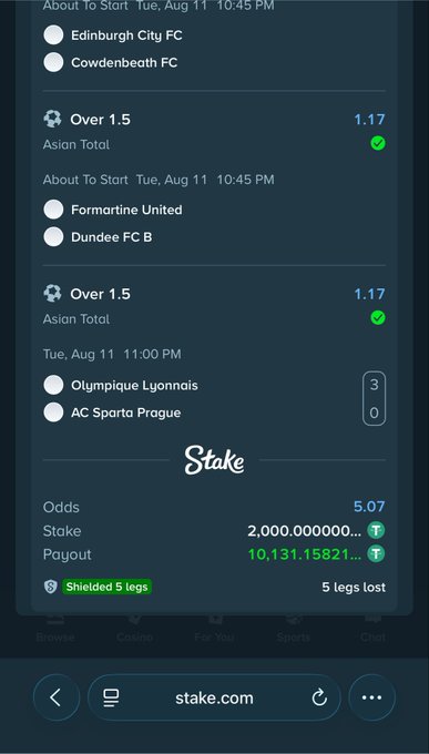 A mobile screenshot of a Stake.com betting slip showing a 5-leg parlay with odds of 5.07, a 2,000 stake, and a potential payout of 10,131.15821 T, featuring matches like Edinburgh City FC vs Cowdenbeath FC, Formartine United vs Dundee FC B, and Olympique Lyonnais vs AC Sparta Prague—all Under 1.5 Asian Total selections covered by the "Shielded 5 legs" feature protecting against leg losses.