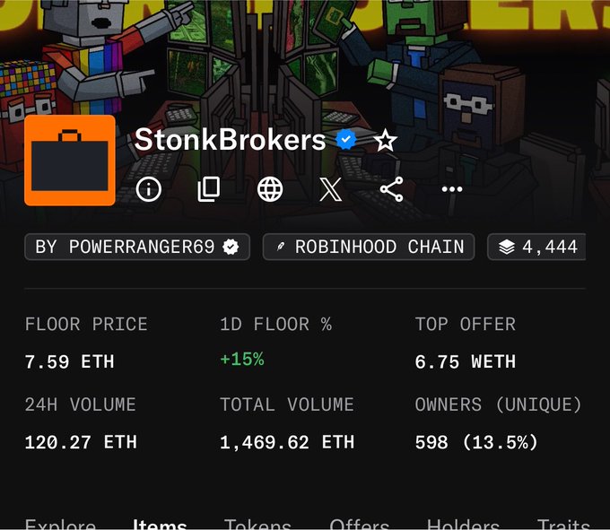 The image shows an NFT collection called "StonkBrokers" on the Robinhood Chain, displaying stats including a floor price of 7.59 ETH, 24H volume of 120.27 ETH, and 598 unique owners. The "Meme Szn Robinhood Szn" caption reflects the collection's stock market/meme trading theme and its deployment on the Robinhood blockchain.
