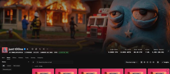A screenshot of a Pump.fun token page for 'just100ns' showing a fire scene with firefighters and a blue blob-like character meme.
