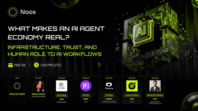 The image features an advertisement for a conference titled "What Makes an AI Agent Economy Real?". The poster displays a black background with white text, which reads "Noos Space | What Makes an AI Agent Economy Real? Infrastructure, Trust, and Human Role to Workflows". The poster also includes several images of people and logos related to the event.
