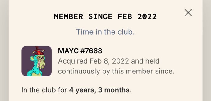The image shows a screenshot of a social media post featuring a meme with a monkey. The post was created by a member named "MAYC" in March 2020 and has since been shared with numerous people, as indicated by its "view count". This meme has gained significant popularity over the years, and it seems to be enjoyed by many of the original members who have interacted with it throughout its history.