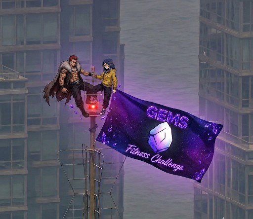 Two anime-style characters perch atop a city light pole next to a purple 'GEMS Fitness Challenge' banner featuring a gem logo, set against a hazy urban skyline.