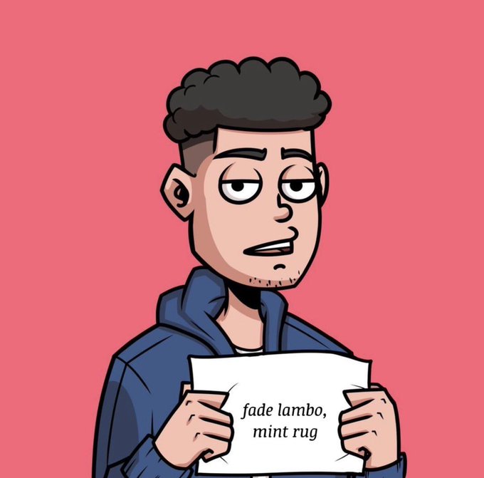 Cartoon illustration of a man in a blue hoodie holding a piece of paper that reads 'fade lambo, mint rug' against a pink background.