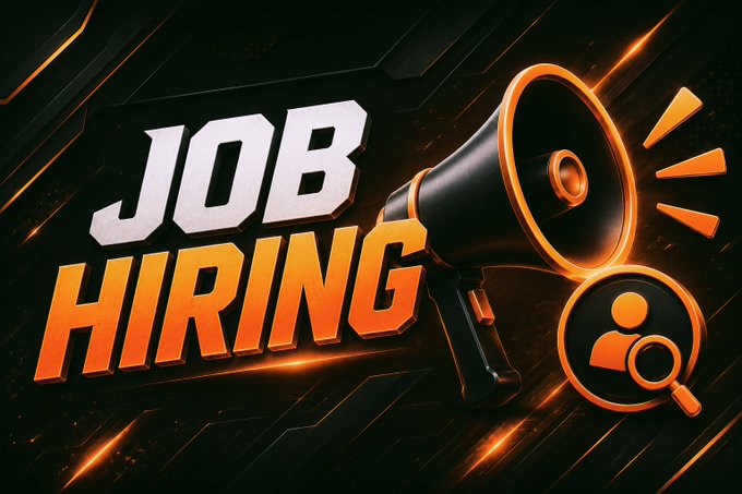 A bold graphic featuring a black and orange megaphone alongside the text "JOB HIRING" and a person-with-search-icon badge, visually reinforcing a Web3 job opportunities announcement for community, moderation, and BD roles.