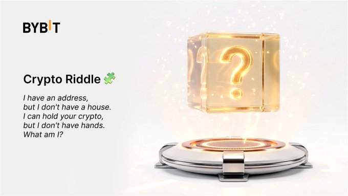A Bybit promotional image featuring a glowing gold mystery cube with a question mark on a futuristic platform, alongside a "Crypto Riddle" that describes an entity with an address but no house that holds crypto without hands—hinting that the answer is **A. Wallet**, since a crypto wallet has a digital address and stores assets but isn't a physical place or person.