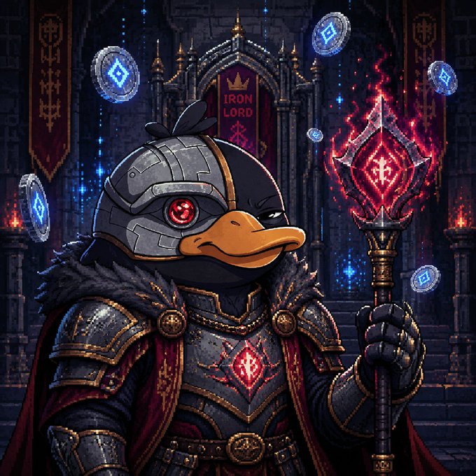 Stylized illustration of a penguin character dressed as a dark fantasy knight in ornate armor, holding a glowing red fiery staff, with a throne, banners labeled 'IRON LORD', and floating blue crypto coins in the background.