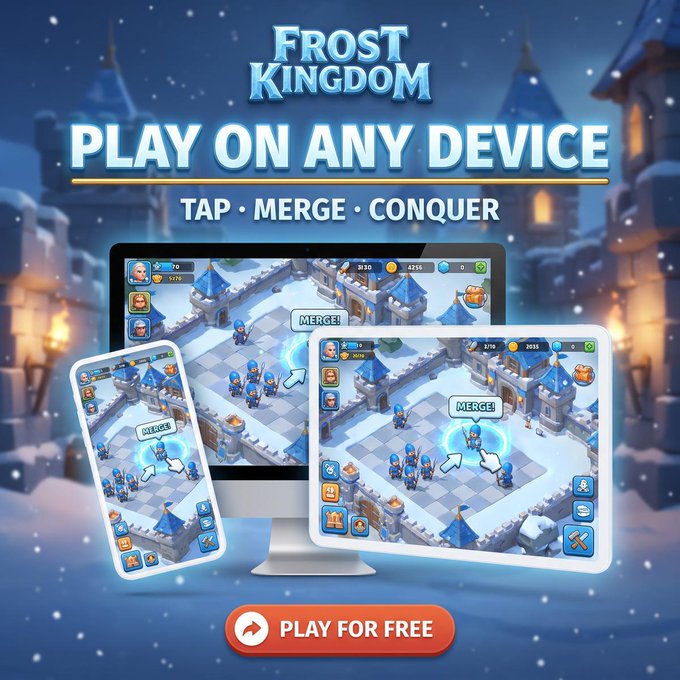 A promotional advertisement for the mobile game 'Frost Kingdom' with the tagline 'PLAY ON ANY DEVICE' and 'TAP • MERGE • CONQUER', showing the game displayed across a desktop monitor, tablet, and smartphone, with a 'PLAY FOR FREE' button at the bottom.
