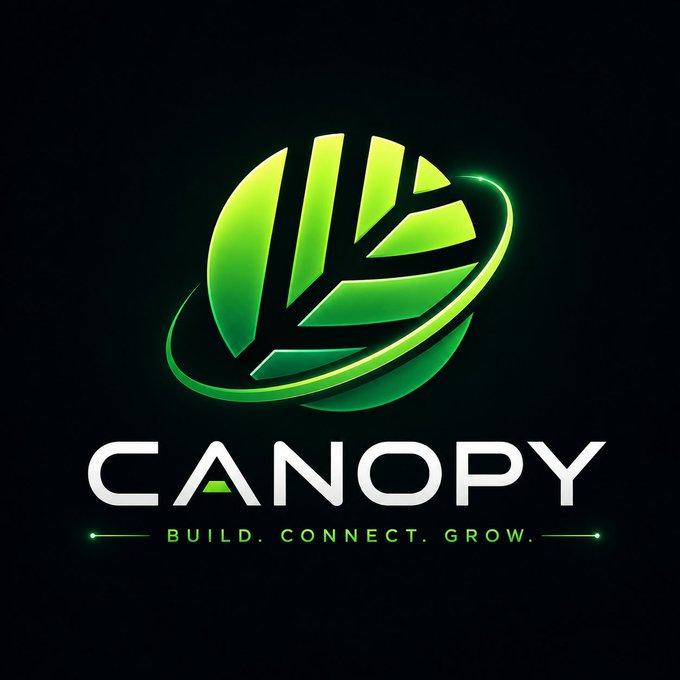A logo for 'CANOPY' featuring a green stylized leaf design with the tagline 'BUILD. CONNECT. GROW.'