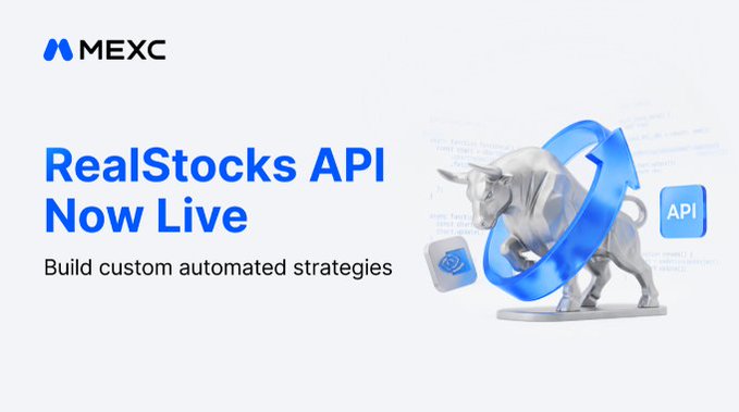 A MEXC promotional banner announcing 'RealStocks API Now Live' with the tagline 'Build custom automated strategies', featuring a bull statue with a blue circular arrow.