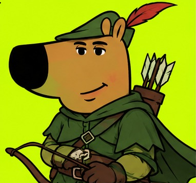 An illustration of a bear dressed as Robin Hood, wearing a green tunic and hat with a red feather, holding a bow and arrows against a bright green background.