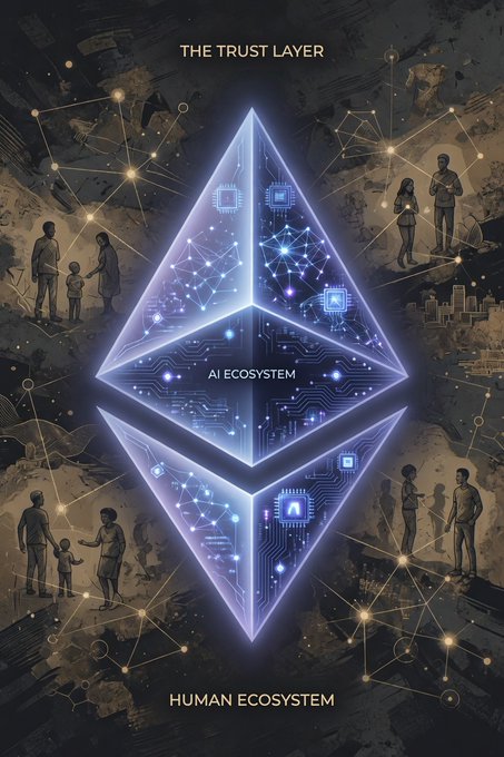 A conceptual graphic depicting 'THE TRUST LAYER' with an Ethereum-style diamond symbol at the center, illustrating the connection between the 'AI ECOSYSTEM' and 'HUMAN ECOSYSTEM' with silhouettes of people around it.
