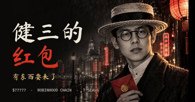 A stylized promotional image featuring a man in a straw hat and glasses holding a red envelope, with Chinese text '健三的红包' (Jian San's Red Packet) and the text 'ROBINHOOD CHAIN · 7 SEALS'.