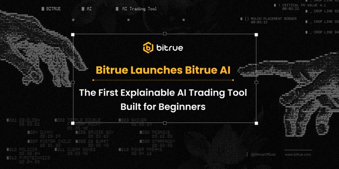 The image is a promotional graphic for Bitrue, featuring the Bitrue logo and the announcement "Bitrue Launches Bitrue AI - The First Explainable AI Trading Tool Built for Beginners," set against a dark, digital-themed background with faint world map outlines and trade-related data points. It visually reinforces the post's message by highlighting Bitrue AI's unique explainability—directly addressing the critique that most AI trading tools cannot justify their trade recommendations.