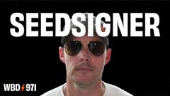 An image from the WBD #871 podcast featuring a man wearing sunglasses with the "SEEDSIGNER" logo prominently displayed above him, relating to a discussion about trustless self-custody, entropy generation for seed phrases, and multivendor multisig topics.