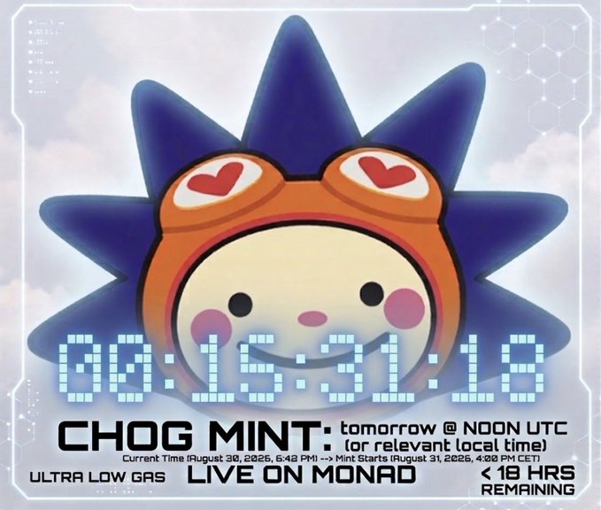 A countdown graphic featuring a cute blue spiky character with heart-eye goggles shows less than 18 hours remaining until the Chog NFT mint launches on Monad tomorrow at noon UTC, matching the post's call for community members to mint @ChogNFT.