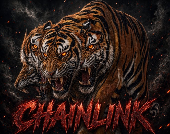 A fierce, multi-headed tiger creature snarls aggressively against a dark, smoky background with embers floating around, with the word "CHAINLINK" displayed in jagged red metal-style lettering at the bottom.