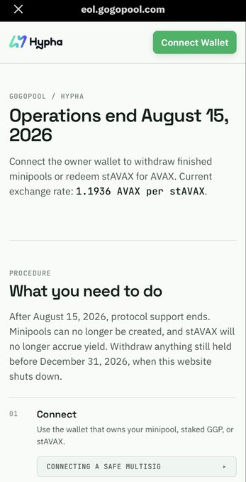 Mobile screenshot from eol.gogopool.com stating 'Operations end August 15, 2026', instructing users to connect their wallet to withdraw finished minipools or redeem stAVAX for AVAX.